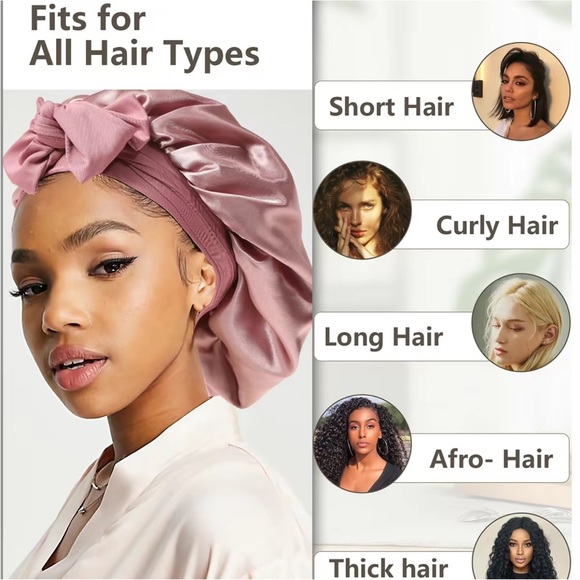 Double-sided Pink Satin Bonnet/ Hair Cap w/Elastic & Tie Band - Picture 3 of 4